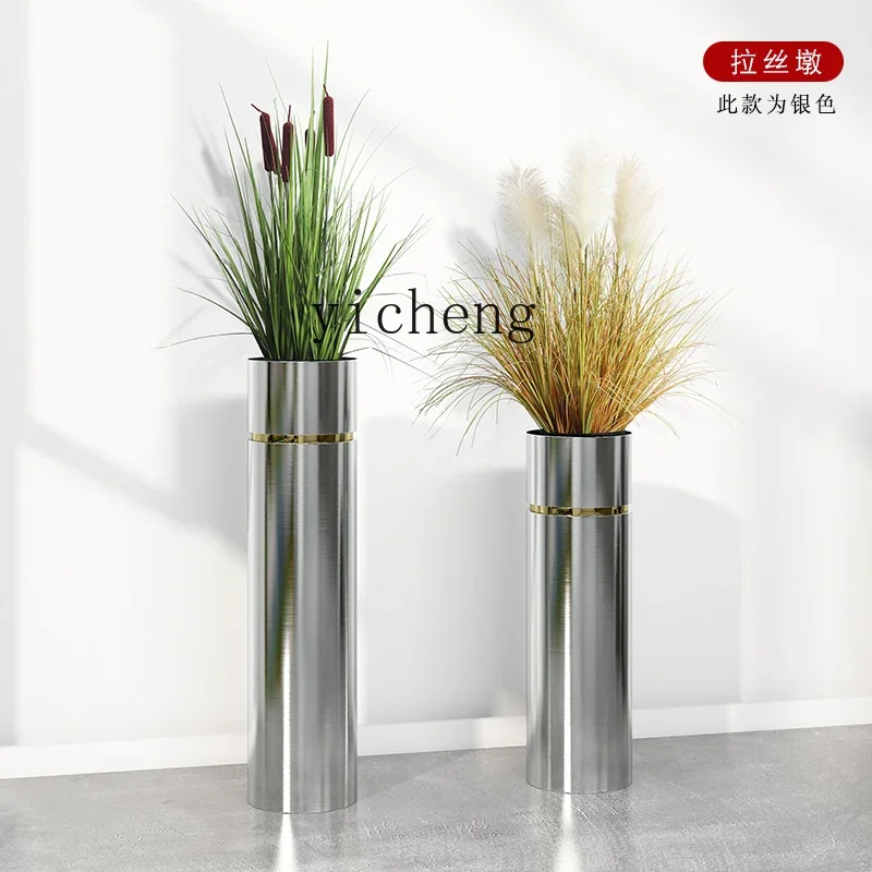 

XL light luxury floor-to-ceiling stainless steel flower ware green plant flower pot metal brushed lobby ornament