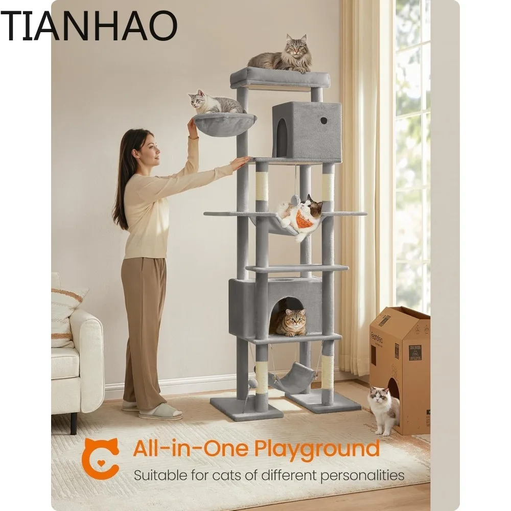 Cat Tree, 79.1 Inch Tall Cat Tower for Indoor Cats, Multi-Level Large Cat Condo with 4 Scratching Posts, 2 Hammocks