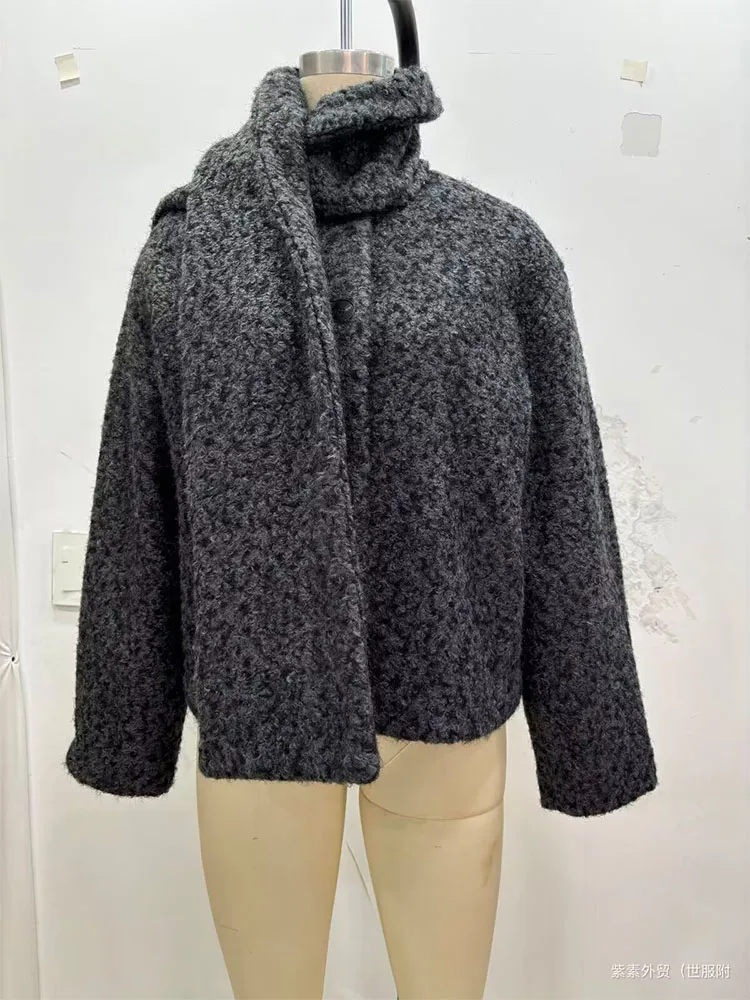 

2025 Women Winter Wool Blends Coats Fashion Solid Scarf Collar Single Breasted Female Elegant Street Outerwear Clothing