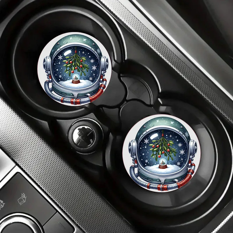 Astronaut Helmet Christmas Car Leather Coaster Set 2Pcs Anti Scratch Cup Insert Mat 2.75