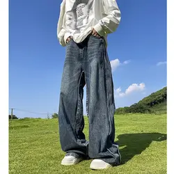 Spring and Autumn American men and women retro high street personalized loose straight leg jeans trendy hip-hop wide leg casual