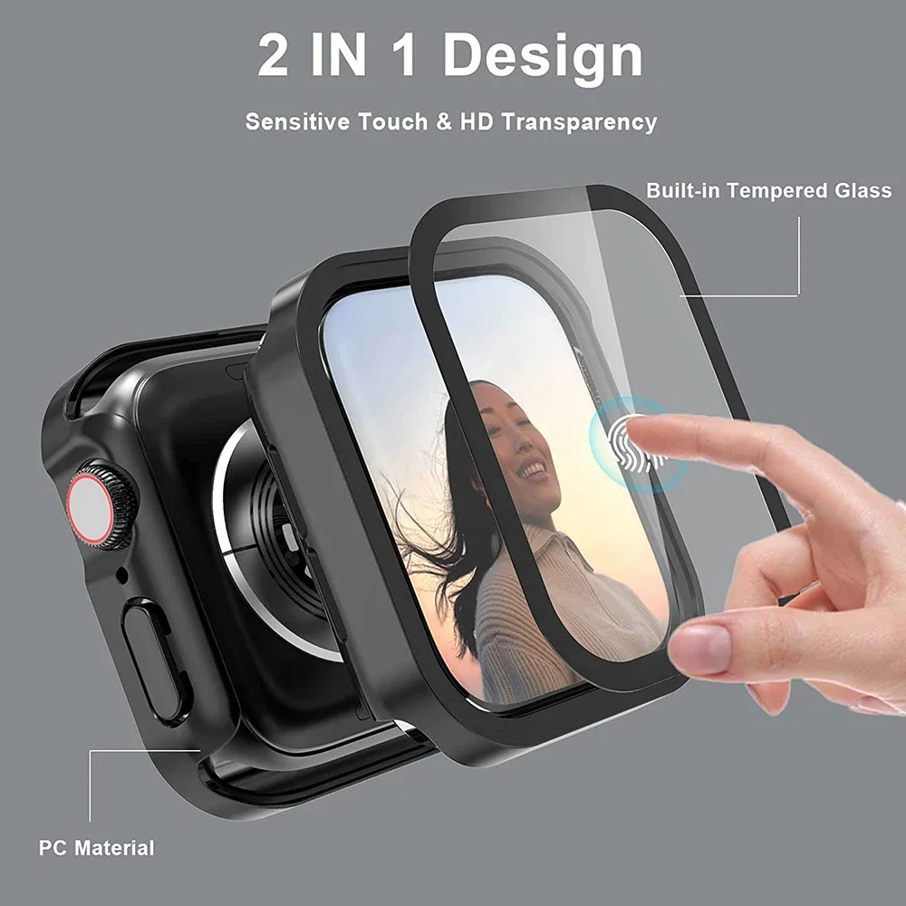 Waterproof Case For Apple Watch 44mm 45mm 40mm 41mm straight edge Screen Protector Cover Case for iWatch Series 9 8 7 SE 6 5 4