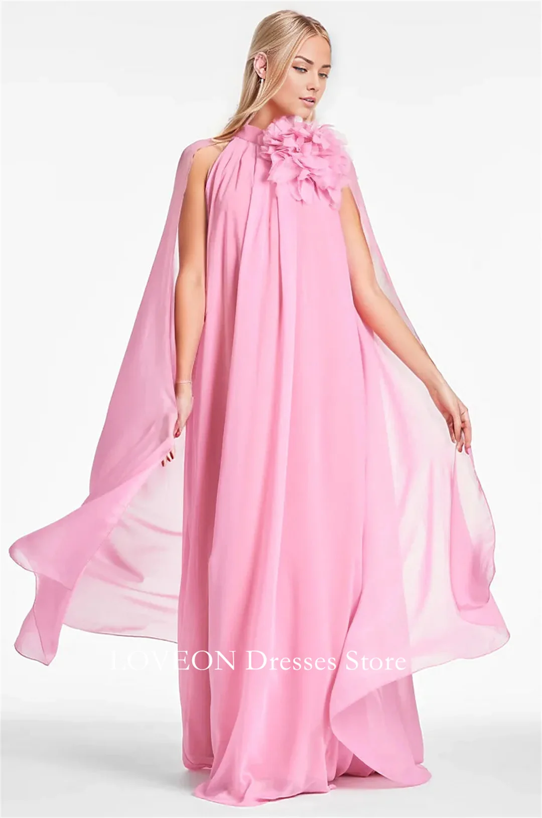 Customized Dubai Pink Formal Dress Prom Party Chiffon Flower Full Sleeves Evening Gowns for Women Formal Bridesmaid Dress