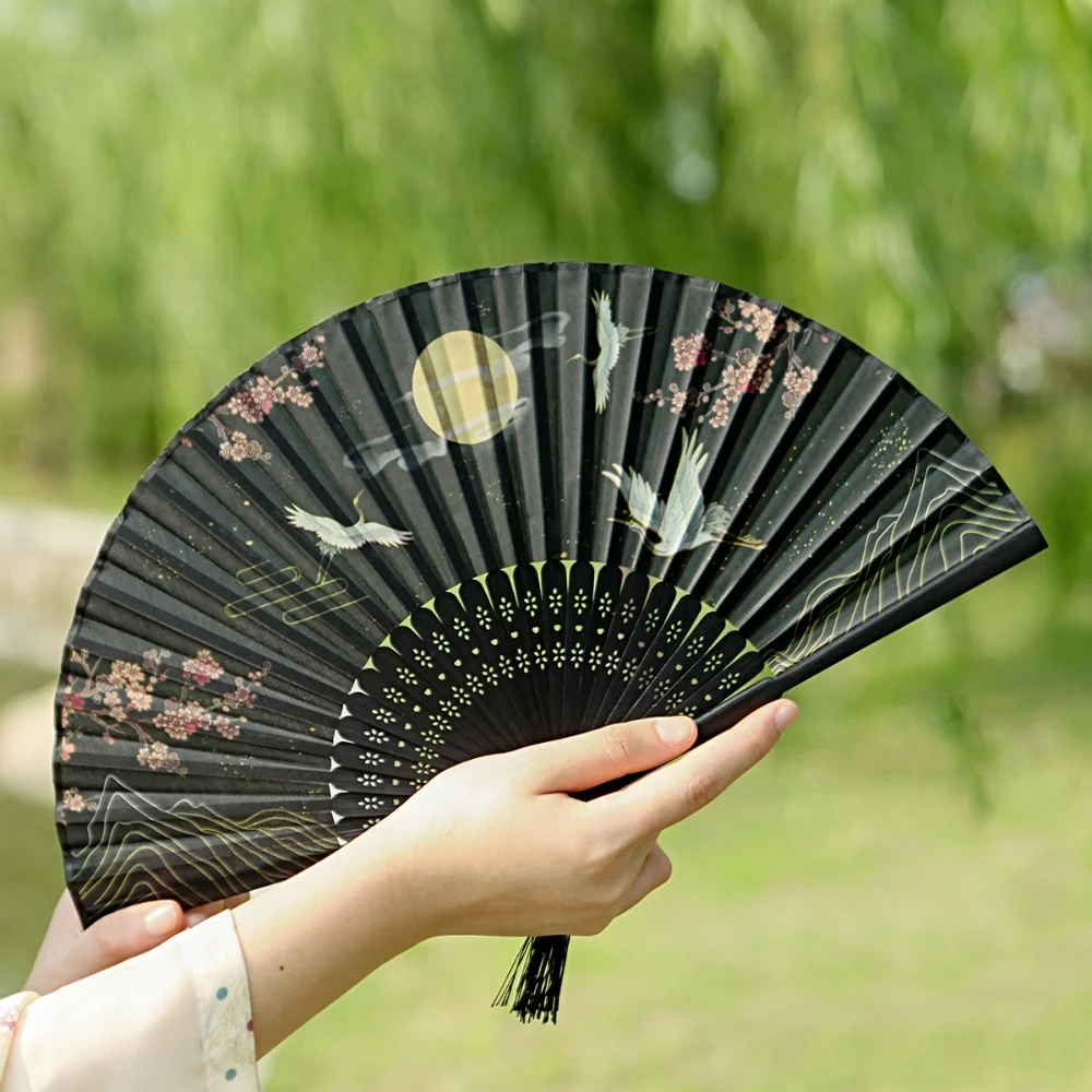 Bamboo Chinese Japanese Folding Fan Vintage Style Silk Folding Fan Tassel Elegent Female Fan Hand Fan Shank Classical Dance Fan