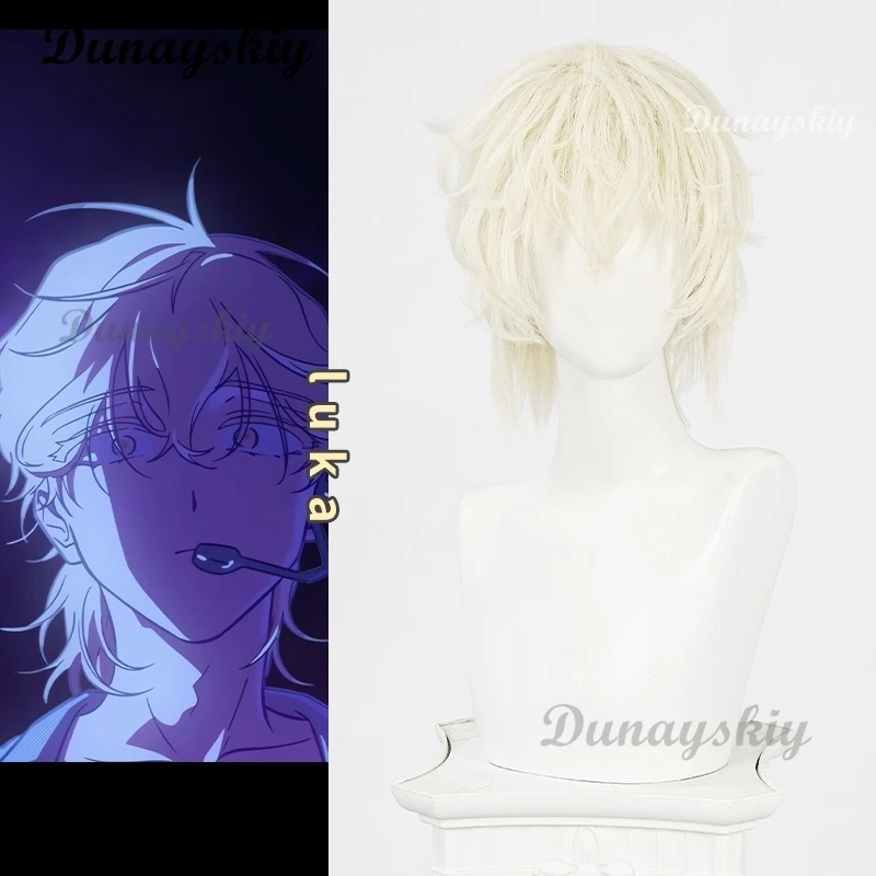 لوكا لوكا شعر مستعار أنيمي الغريبة المرحلة R7 تأثيري الدعامة شعر مستعار قصير الذهبي مجعد الشعر هالوين عيد الميلاد لعب الأدوار الرجال الباروكات مخصصة