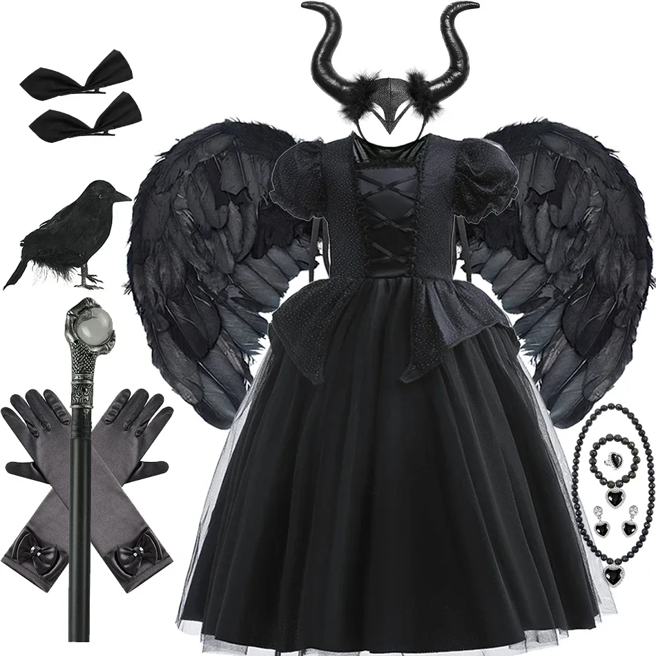 Bambini Maleficent Girls Costume Dress Deluxe Halloween Cosplay Dress Gown Kids Demon Queen Witch Clothes