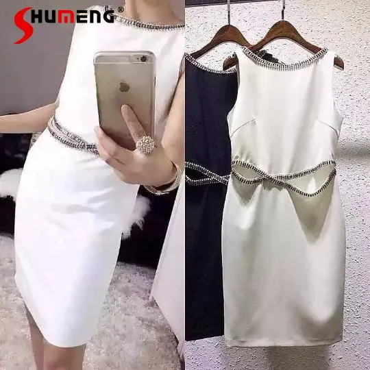 

New Ladies High End Fashion Elegant Rhinestone Above Knee Dress 2023 Summer Trendy Noble Slimming Diamonds Dinner Party Dress