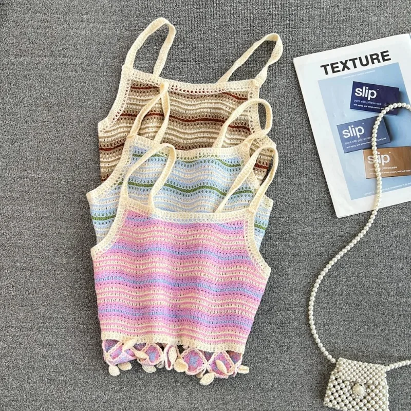 Women Summer Hollow Out Crochet Crop Female Knit Striped Tassels Boho Camisole Ladies Sleeveless See-Through Tank Tops Dropship
