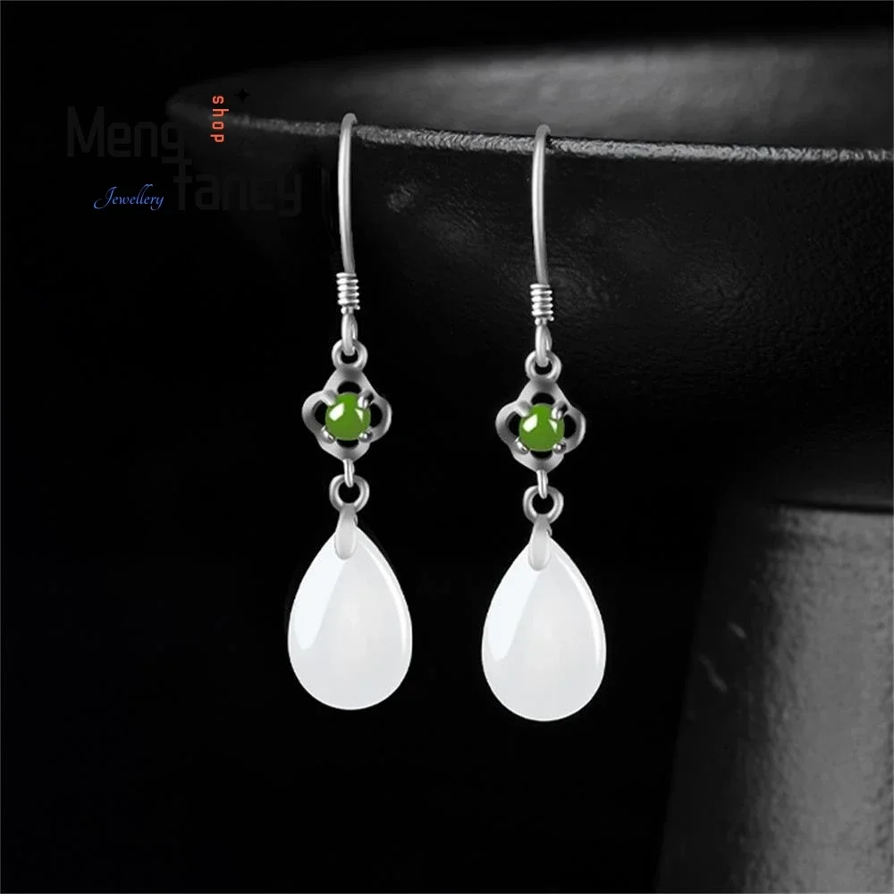 

S925 Silver Natural Hetian White Jade Water Drop Jade Earrings Literary Fairy Chinese Style Exquisite Elegant Fashion Jewelry