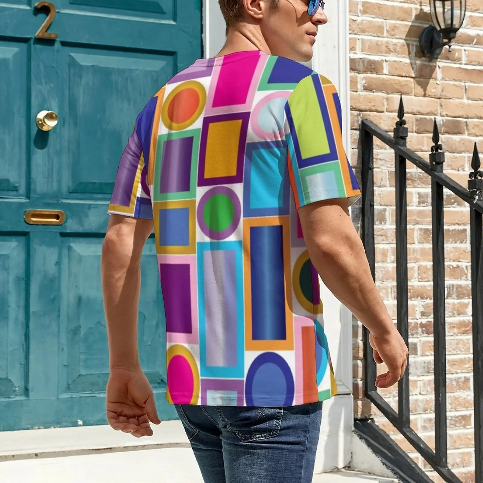 Mid-Century Color Bling T Shirt For Men Geometry O Neck T-Shirts Summer Cool Clothing Short Sleeves Street Style Oversized Tees