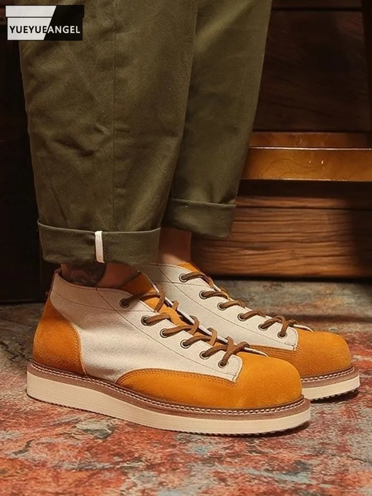 

Autumn Mens Cow Suede Leather High Top Work Shoes Lace Up Vintage Genuine Leather Cargo Shoes Lace Up Business Casual Footwear