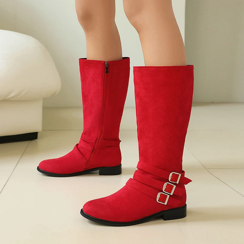 Women's Knee High Boots Three Buckle Strap Decor Suede Mid Calf Boots Zipper Low Block Heel Riding Boots