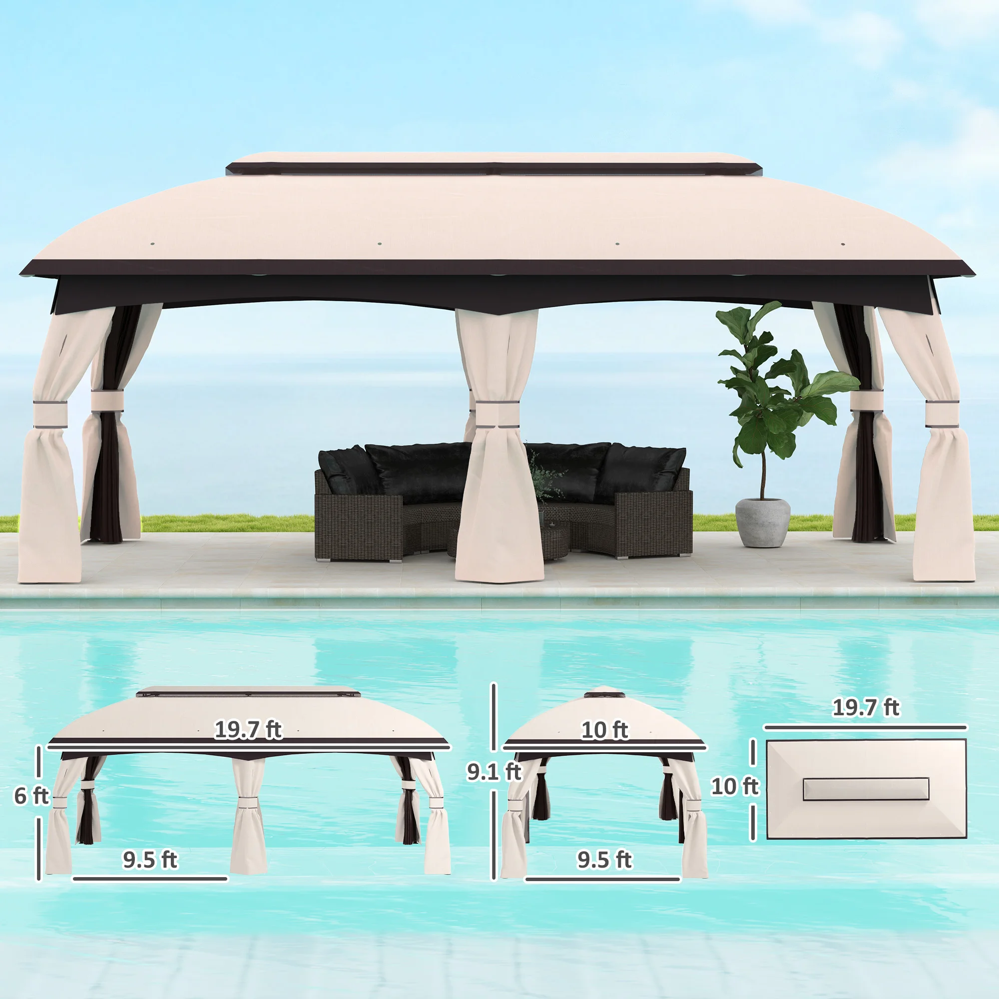 

10x20 Ft Large Beige Patio Gazebo with Mesh Netting and Vented Double Roof for Garden Outdoor Party Canopy Shelter Steel Frame