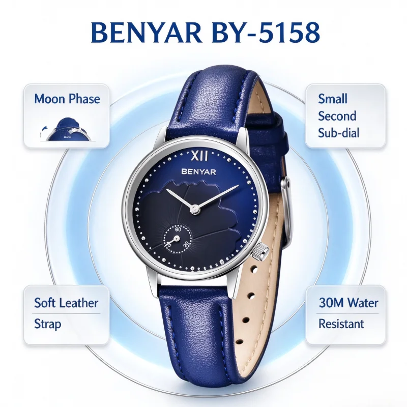 BENYAR BY-5158 Women's Elegant Dress Quartz Watch, Moon Phase with Small Second Subdial, Slim Case, Leather Strap, 30M Water Res