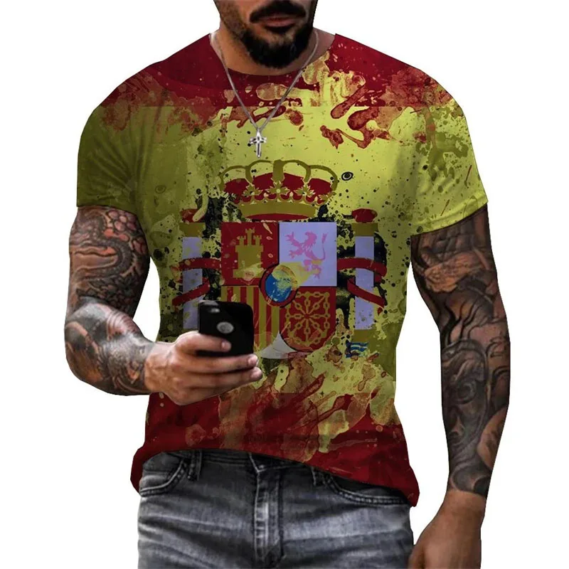 

Men's Streetwear T-shirt 3D Printed Spanish Flag And National Emblem Pattern T Shirts Harajuku Trend Daily Casual Fashion Tee