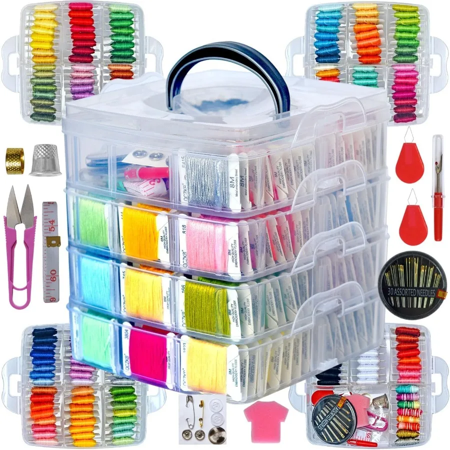 

176 PCS Embroidery Floss Set Complete Set of Tools Kit with 4-Tier Organizer Storage Box for Needlework Crafting Ideal for Sewi
