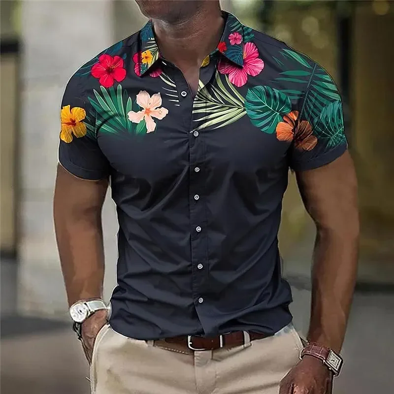 

3D printed flower business casual men's printed shirt outdoor street work summer black short sleeved new style