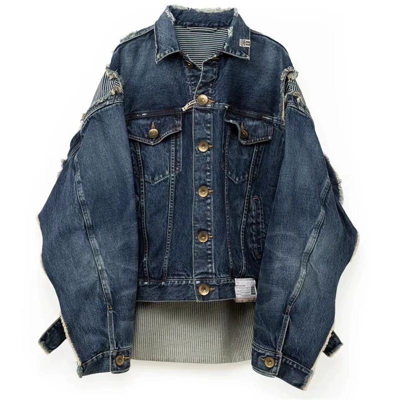

Denim Cut Patchwork Distressed Jacket Men's Loose Dark Blue Denim Coat Hip Hop Casual Cowboy Jean Jackets
