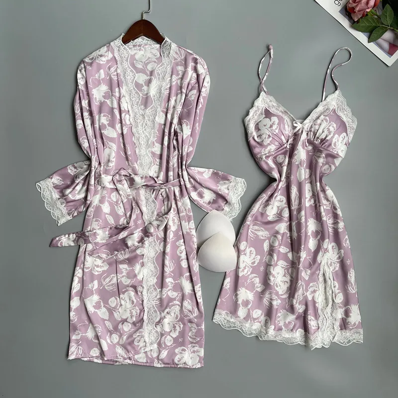 Print Nighty&Robe Set Summer New Bathrobe Gown Women Lace Kimono Sleepwear Casual Silky Satin Nightgown Home Dress Lounge Wear