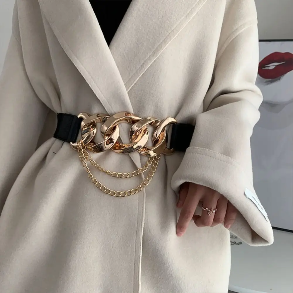 

New Luxury Back Buckle Waistband Gold Silver Chain Belt Elastic Metal Waist Belts for Women Stretch Ladies Coat Waistband