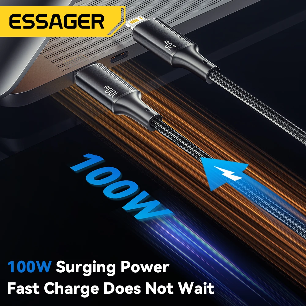 Essager 100W Cable USB C to Type C to Lighting PD Fast Charger Data 2 in 1 Quick Charging Cord For Macbook iPhone Samsung Xiaomi