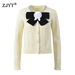 ZJYT Autumn Winter Women's Long Sleeve Beading Sweaters Knitted Cardigan Tops Sweet Bowknot Knitwears Female Jersey Mujer 2024