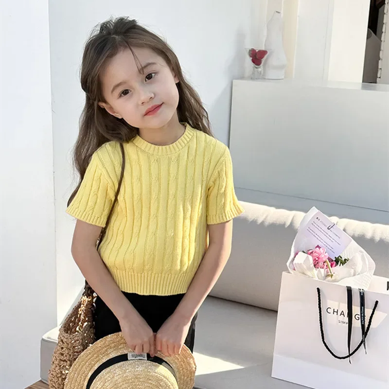 Spring summer baby knitwear breathable T-shirts children solid color Wave knit short sleeve Tops girls thin style sweaters