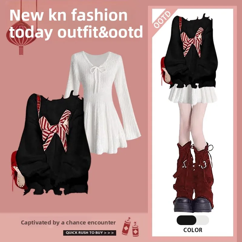 Cisas Aosphere Faion مجموعة المرأة شتاء جديد الأحمر القوس عقدة محبوك سترة الدكتور قطعتين مجموعة طويلة Sve جولة Ne