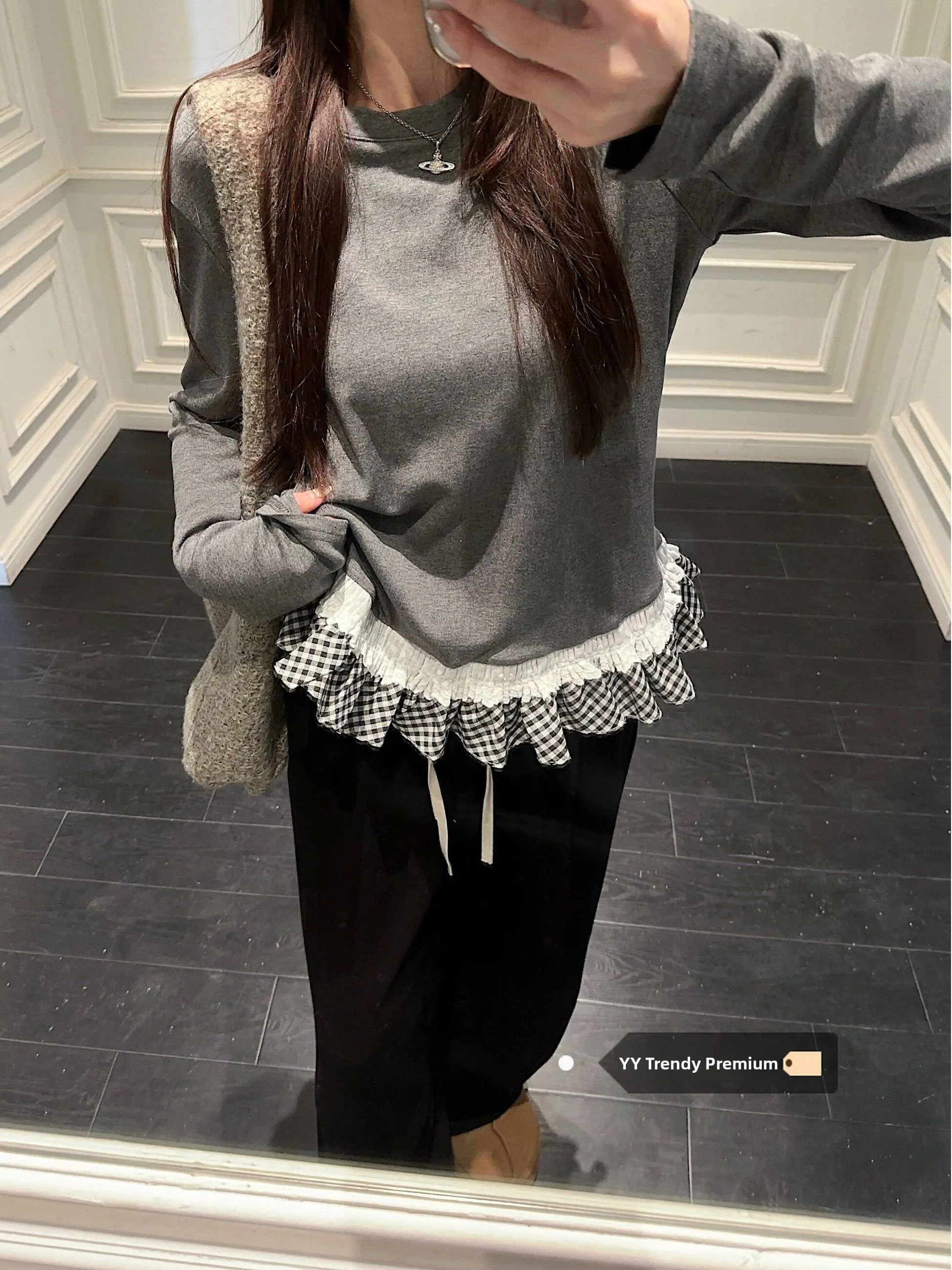 Faionable Long Sve damesbasis irt romantisch kantontwerp vrolijk patroon casual sle winterseizoen ronde ne top