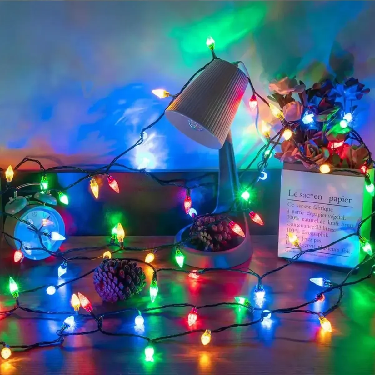 12M 100 LEDS Christmas String Lights Outdoor Solar Lights C7 Bulbs Garland Fairy Lights Outdoor Lighting Xmas Tree Decor 380