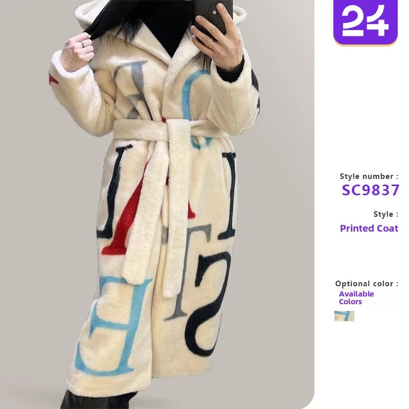 

Faionable Large Size Ladies' Long Printed Woolen Coat Direct S 2025 Autumn Long Sve Other Material 00% Women's Outer...