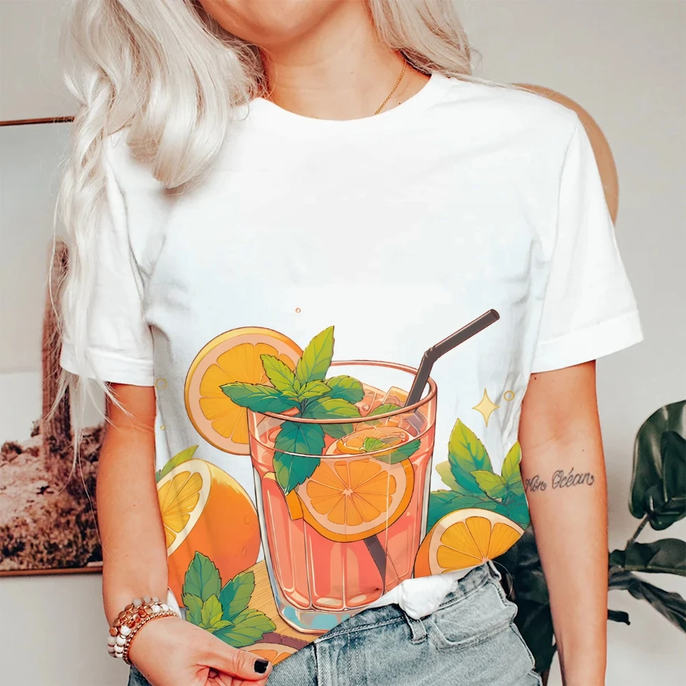 

Освежающий апельсиновый напиток с принтом мяты и апельсина, яркая футболка с рисунком Y2K, мягкая ткань для лета — готовый повседневный вид