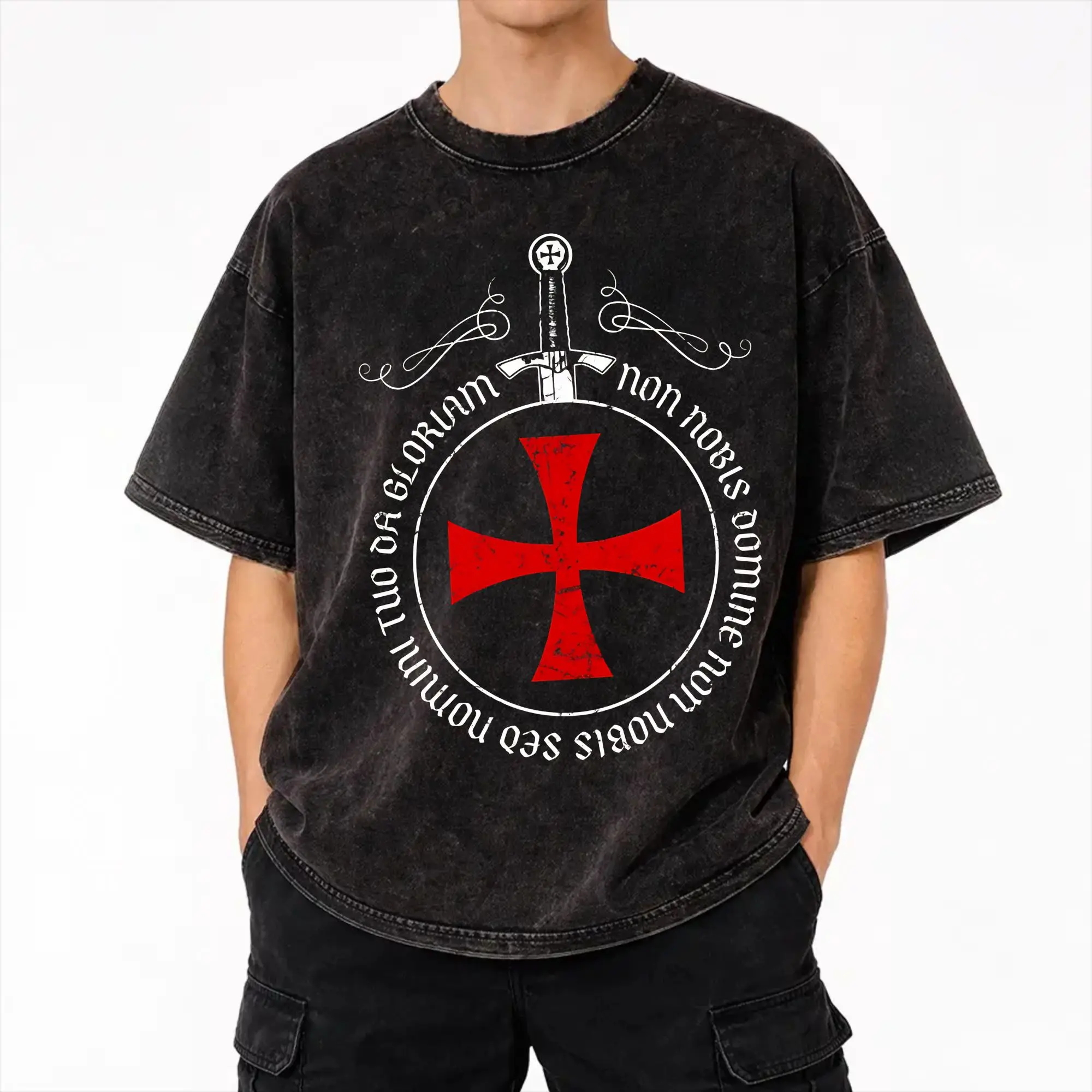 Templar Cross Knights T Shirts Hip Hop Washed Cotton Street T-Shirts  Vintage Men Women Streetwear Summer Tees