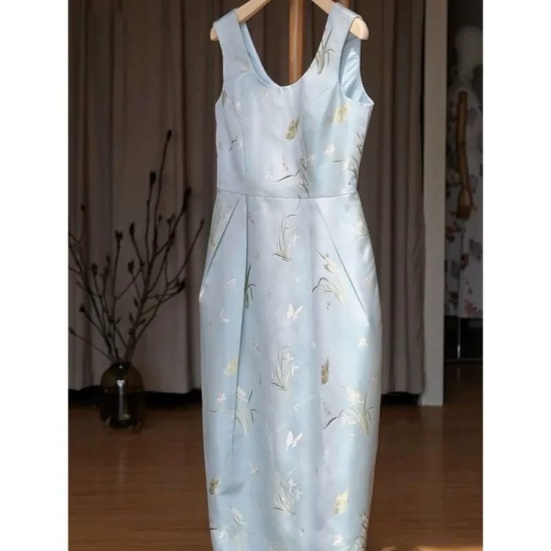 New Chinese Style Stand Collar Gentle Milk Lovely Temperament Blue National Two-Piece Suit for Women