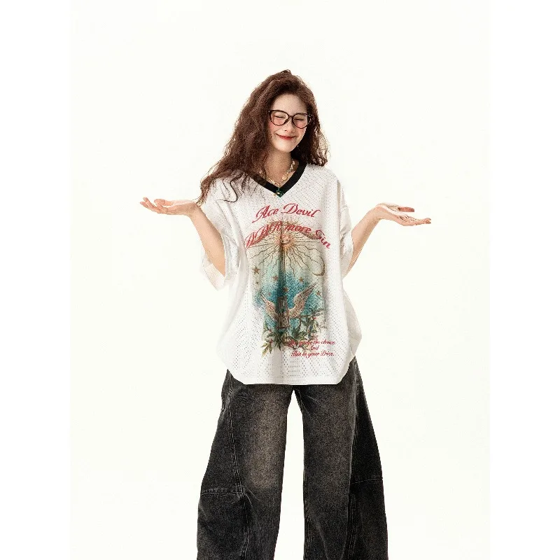 

Новинка 2023 года, футболка с 3D принтом, ЛЕТНЯЯ свободная спортивная одежда большого размера, уличная одежда, модный быстросохнущий топ с v-образным вырезом