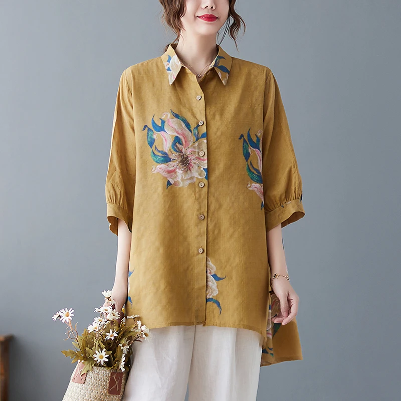 Sli 大きいサイズ レディース レトロ コットンリネン プリント サマー ルーズ ミディ丈トップ トレンド 韓国風 スレカラー 五分袖...