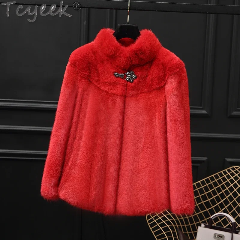 Tcyeek Real Mink Fur Coat for Women Warm Winter Jacket 2024 Whole Mink Women's Real Fur Coat Short Style Jackets Stand Collar