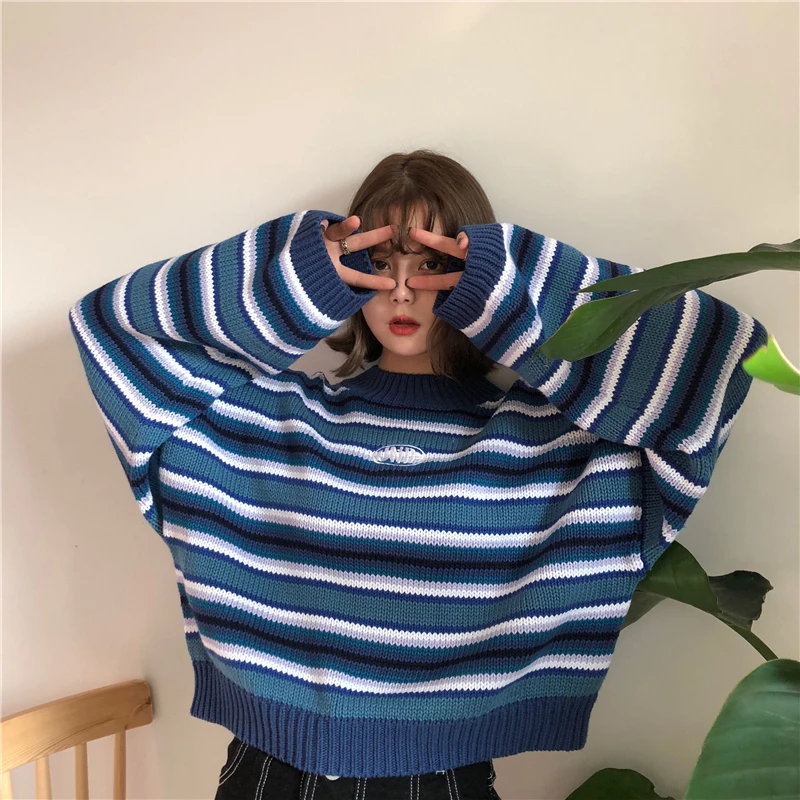 Clarissa Sweater Blue & White Striped Oversized Jumper Embroidered Mock Neck Cropped Pullovers Harajuku Women\'s Sweaters /