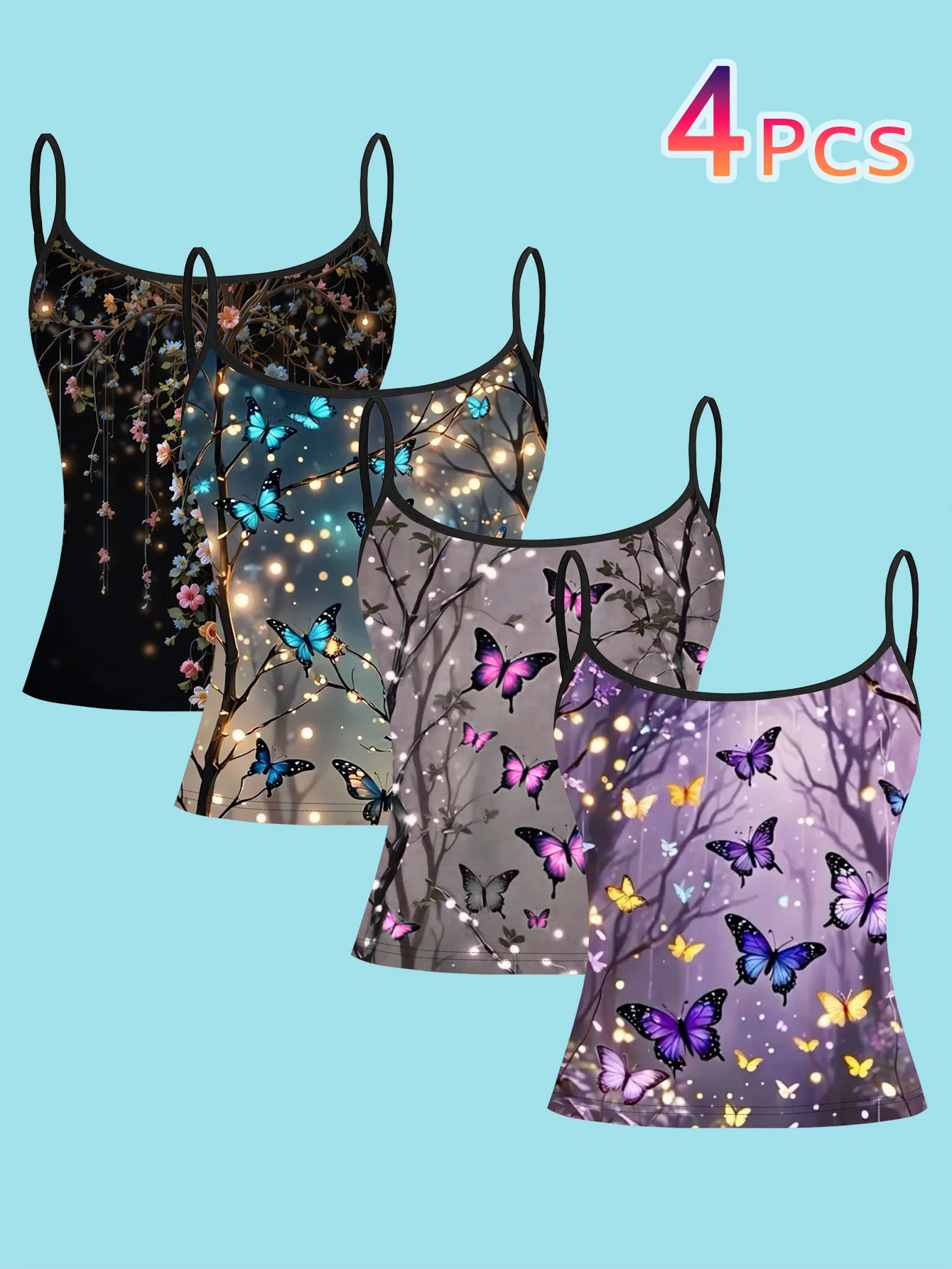 4-Piece Set of Luminous Butterfly Forest Suspenders with Warm Light String Lights and Butterfly Pattern, Women's Base Layer Tank Top