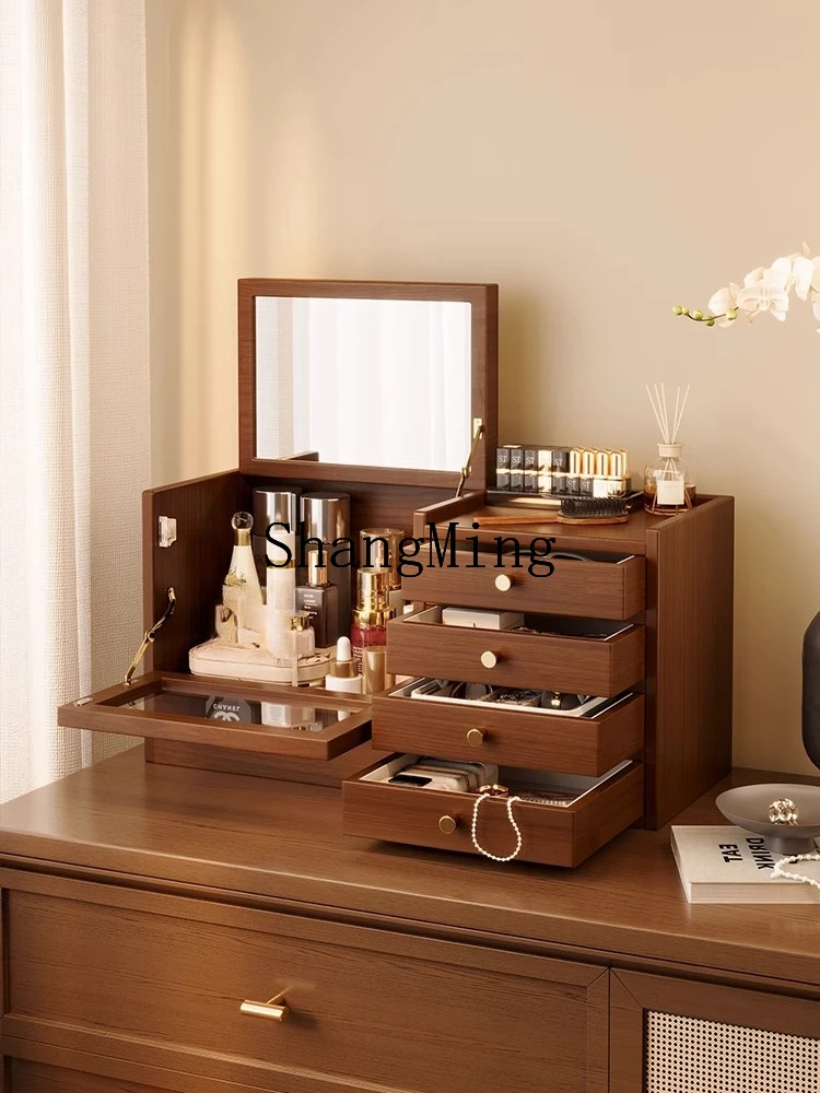 

CL solid wood dustproof cosmetics storage box desktop home large capacity drawer dresser finishing rack with mirror