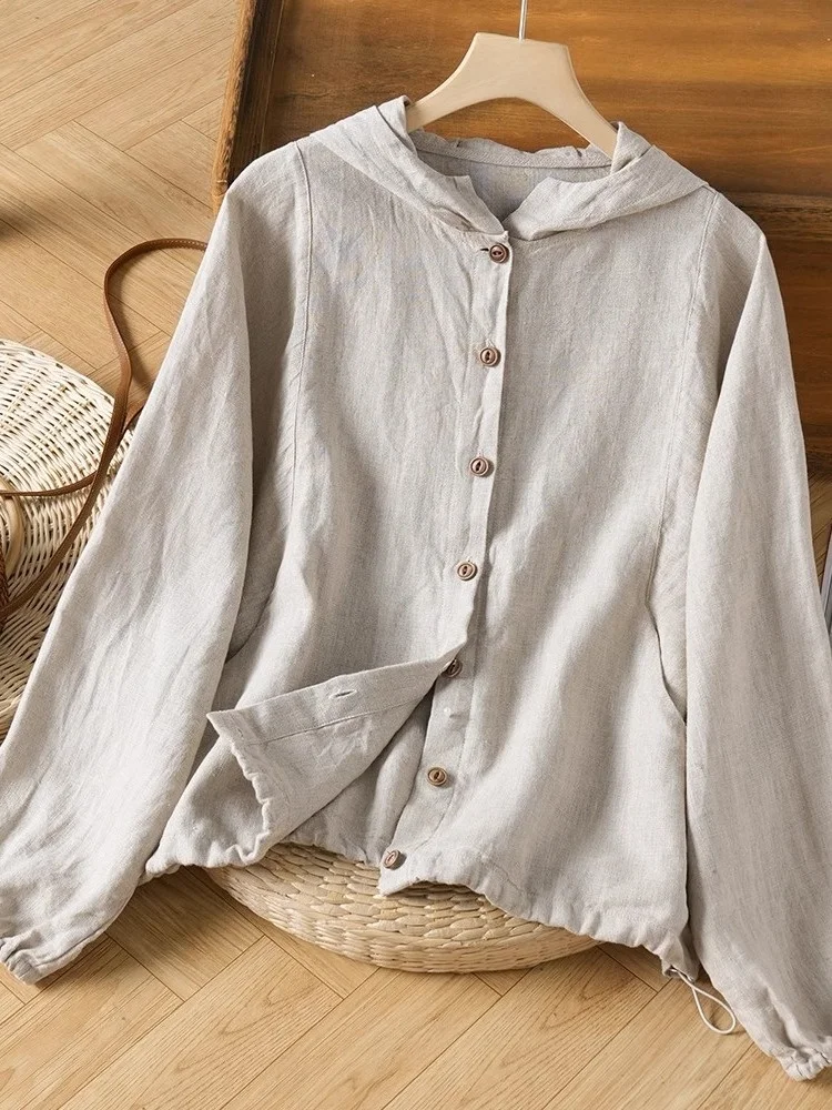 

Linen UV Protection Coat Women's Hooded Jaet Thin Long Sve Cotton Linen Open Cardigan irt Spring Summer New Arrival