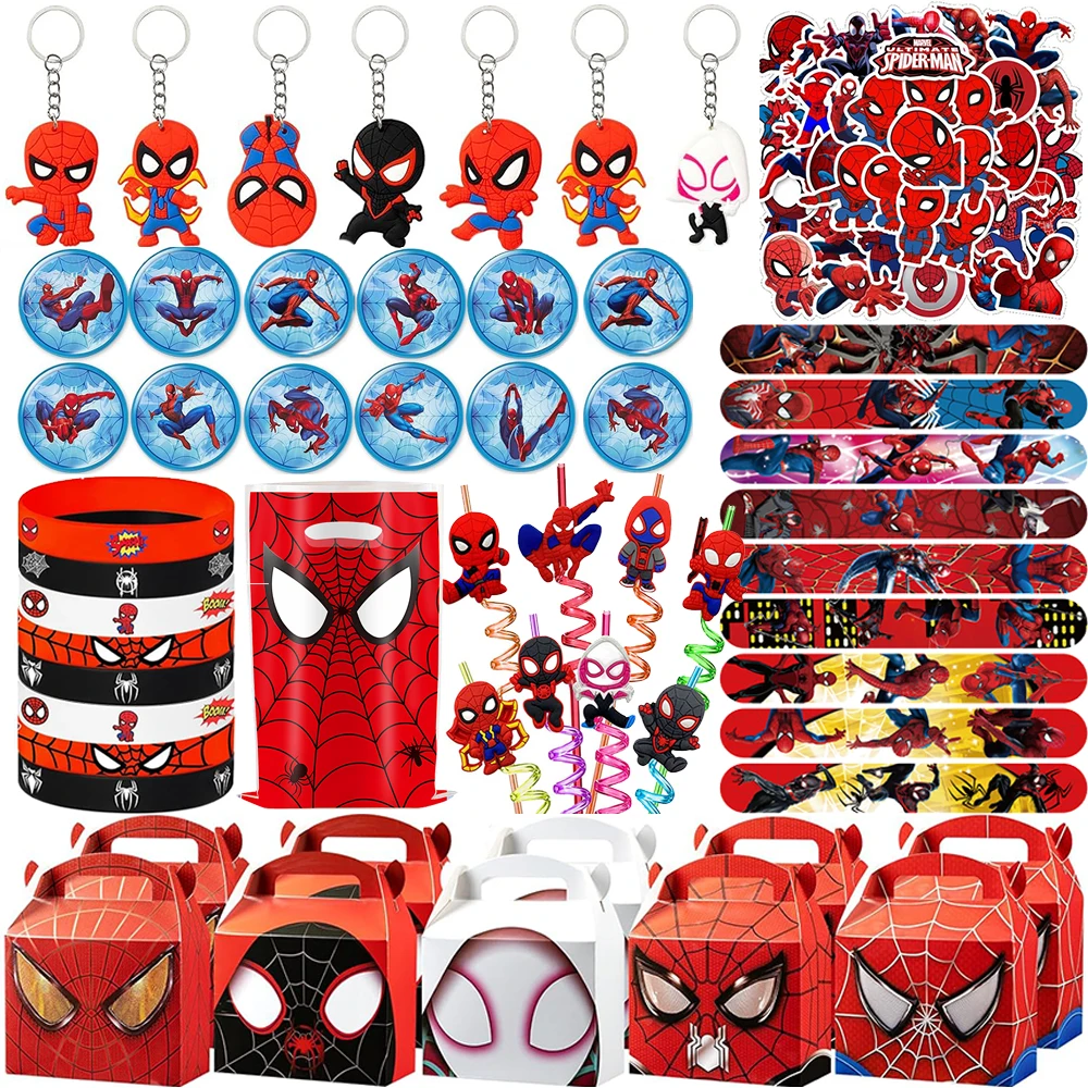 Cadeaux de fête Spiderman comprenant autocollants de bracelet, sac cadeau, porte-clés pailles, décoration de fête d'anniversaire SpiderMan pour garçons