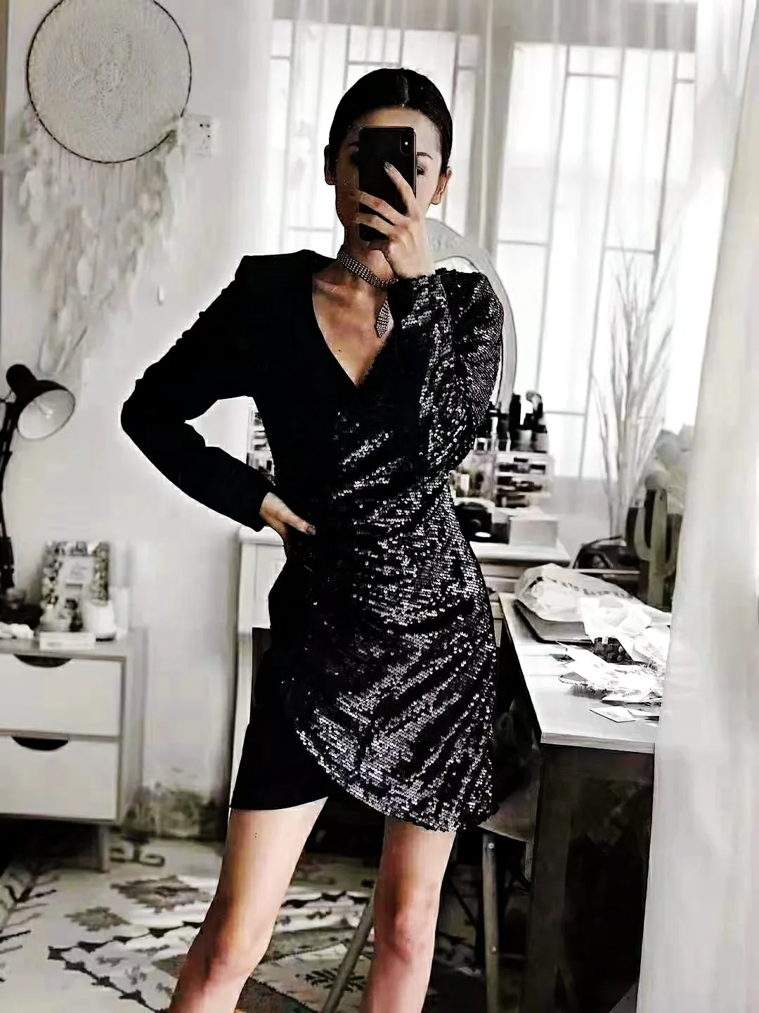 

Party Wear Formal Evening V Neck Long Sleeve Sparkle Satin Robes De Cocktail Vestid Birthday Dress for Women Velvet Dress