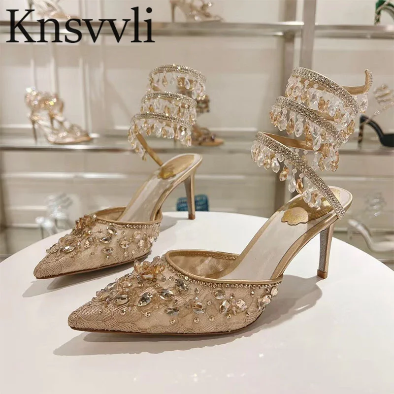 

Summer High Heels Sandals Women Rhinestone Snake Twine Around Ankle Strap Wedding Shoes Women Mesh Crystal Sandals Woman Pumps