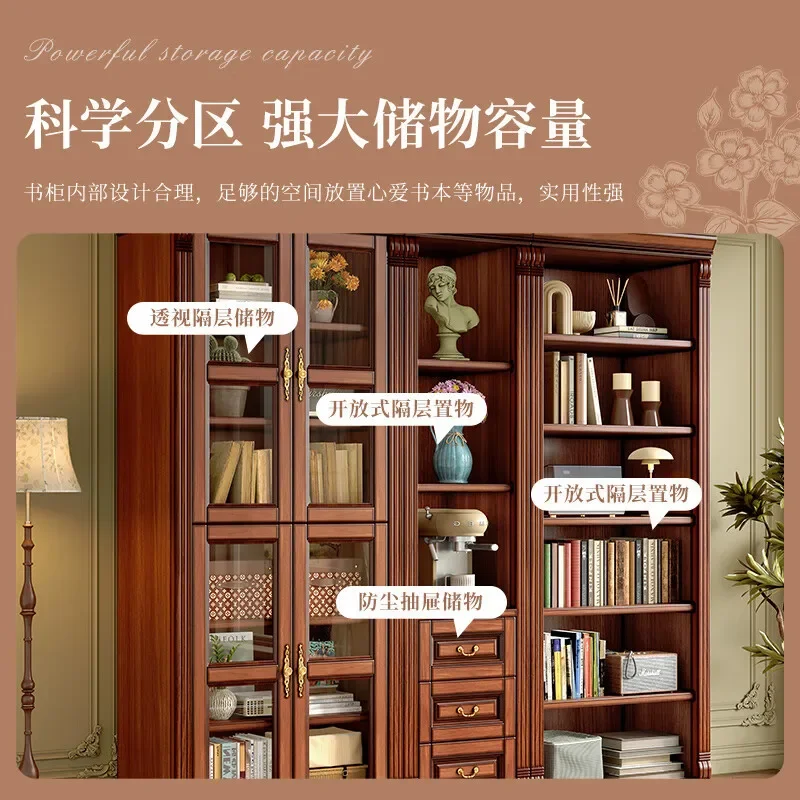 American retro solid wood bookcase study combination bookshelf mahogany glass door integrated drawer storage locker - view 3