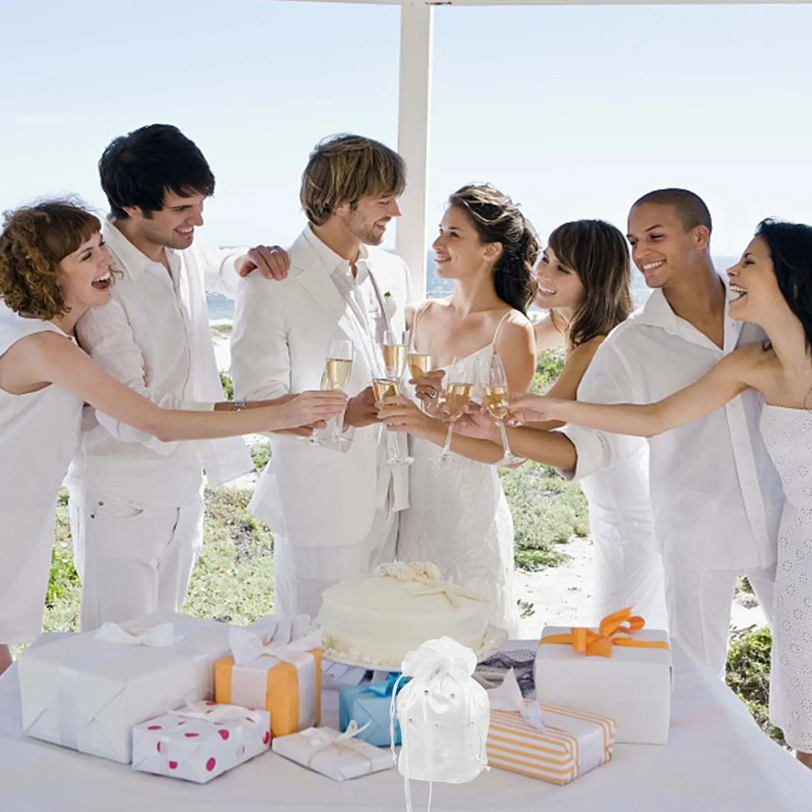 Premium Satin Bride Handbag with Rhinestone Flower Design Drawstring Wedding Bag for Gift Wrapping Party Favors Bridal Shower