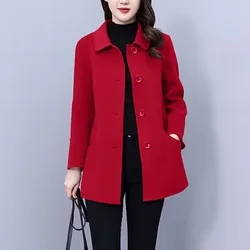 High End Women's Solid Woolen Coat Autumn Winter Middle Aged Mother Wool Trench Outwear Large Size Mother Warm Blend Jacket 4XL