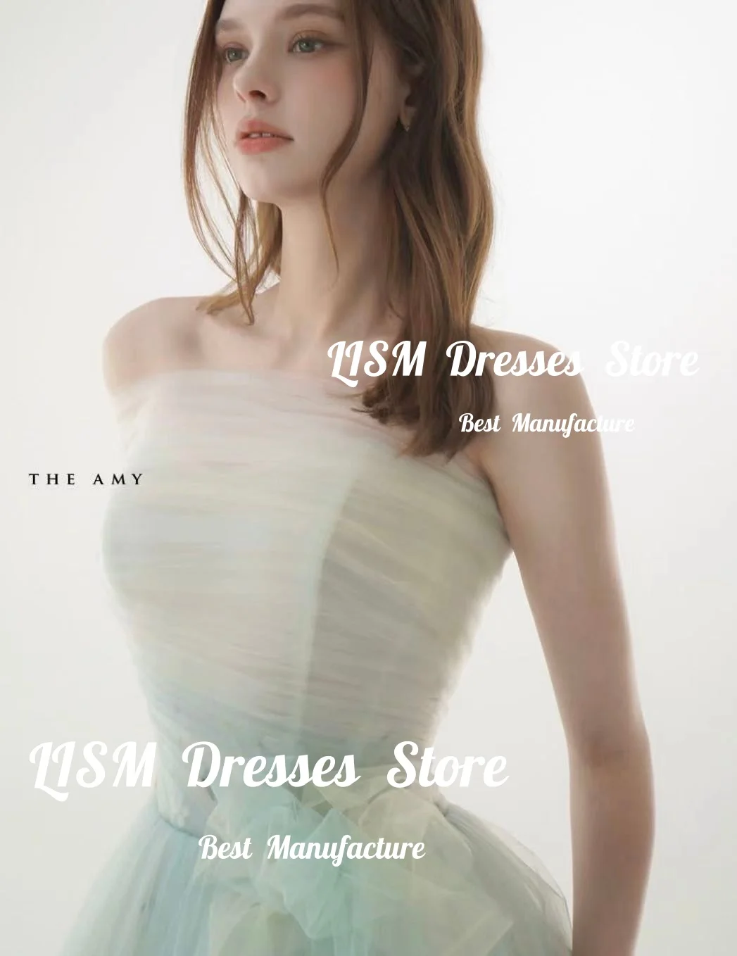 Lism Elegant Wedding Party Dress Strapless Ivory with Green Tulle A-Line Korea Photo shoot Bridal Gown Customized Evening Gowns