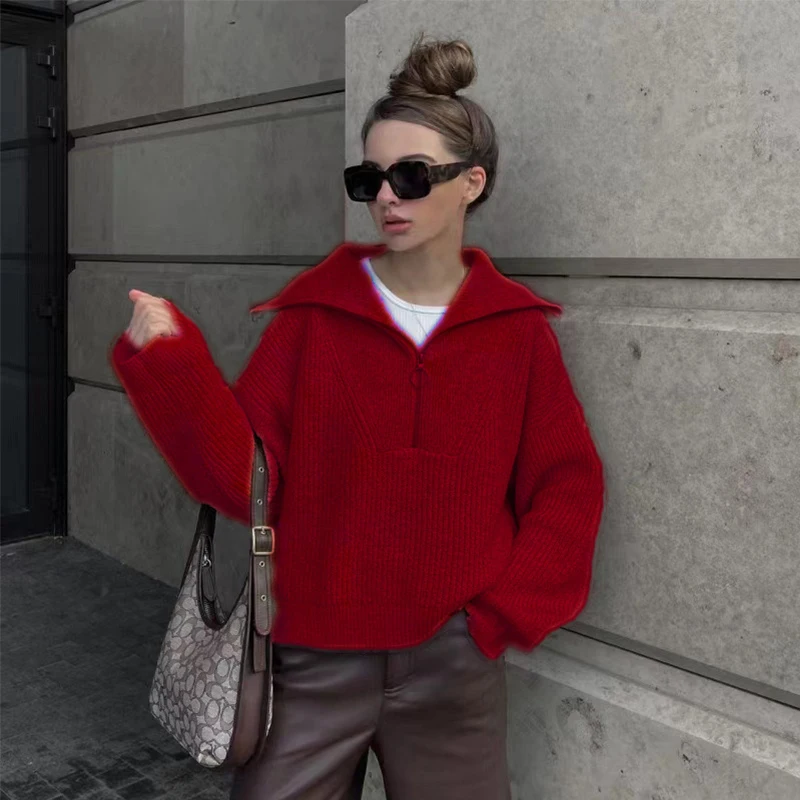 Vintage Half Zip Lapel Knitted Pullover Ladies Oversized Long Sleeve Pocket Design Sweater Soft Casual Autumn Street Fashion Top
