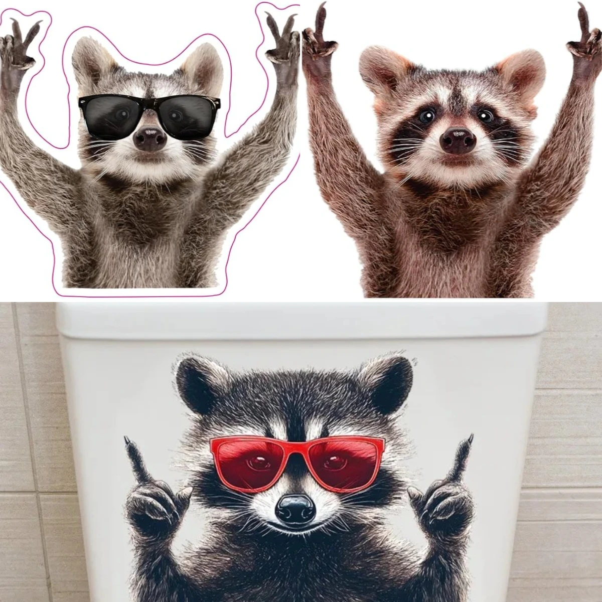26 x 27cm Creative Toilet Cover Cartoon Glasses Raccoon Waterproof Toilet Sticker Bathroom Home Decoration Posters